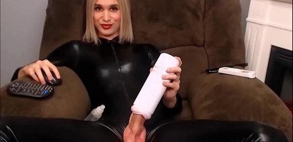  Blonde Tranny With a Huge Shaft Masturbates with a Fleshlight